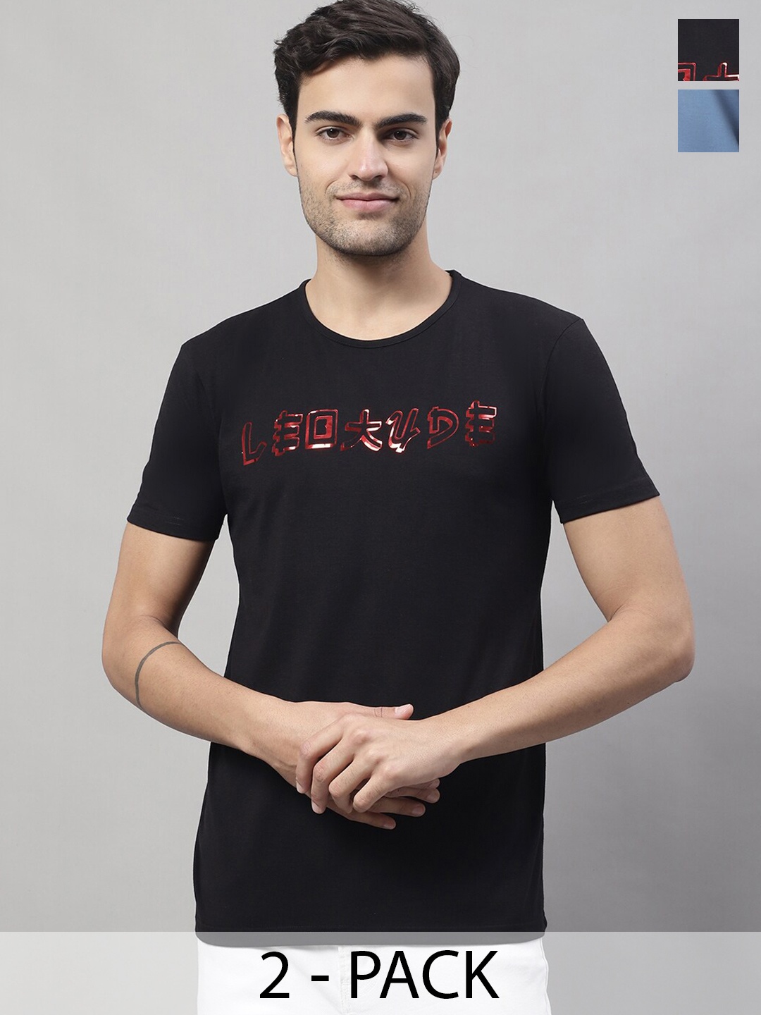 

MACK JONNEY Pack of 2 Printed Regular Fit Round Neck Cotton T-shirts, Black