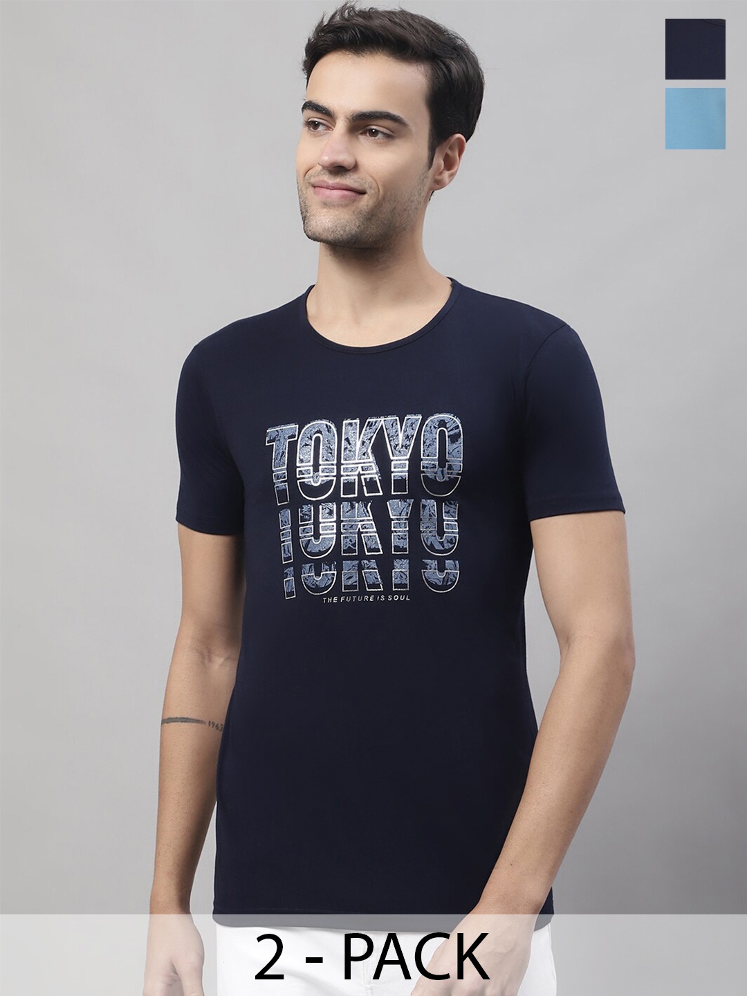 MACK JONNEY Pack Of 2 Typography Printed Cotton T-shirt, Blue