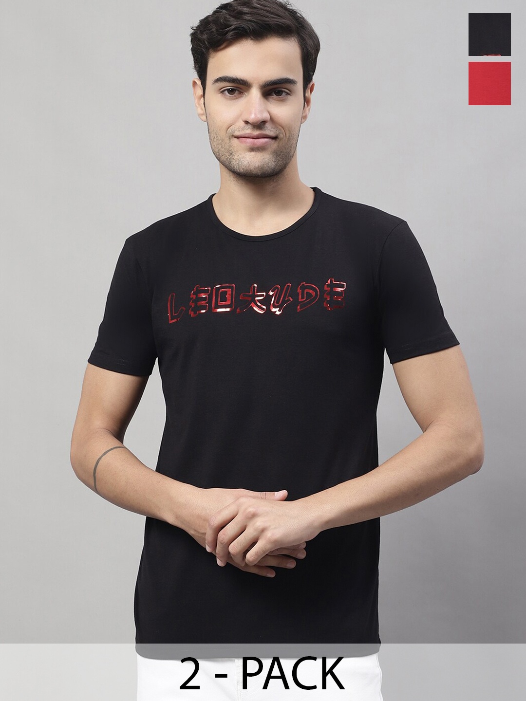 

MACK JONNEY Pack of 2 Printed Regular Fit Round Neck Cotton T-shirts, Black