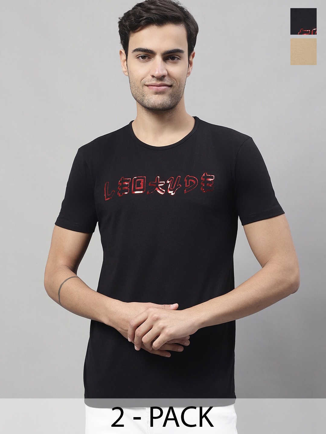 

MACK JONNEY Pack of 2 Typography Printed Cotton T-shirt, Black