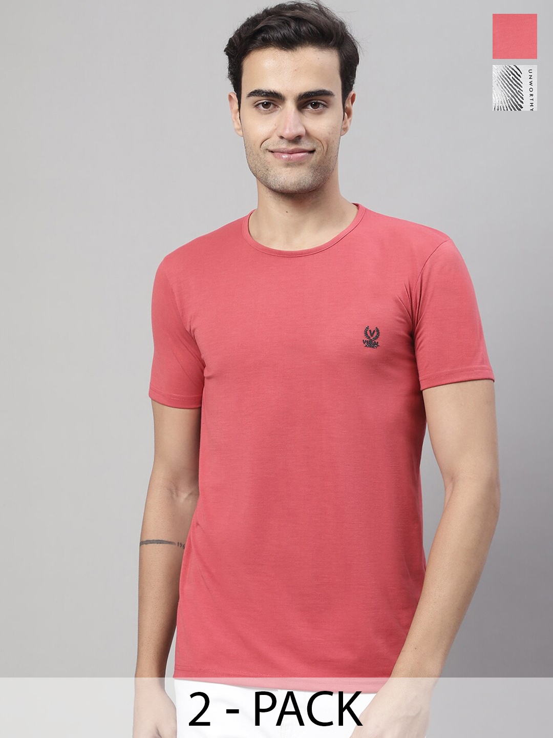 

VIMAL JONNEY Pack of 2 Round Neck Cotton T-shirt, Coral