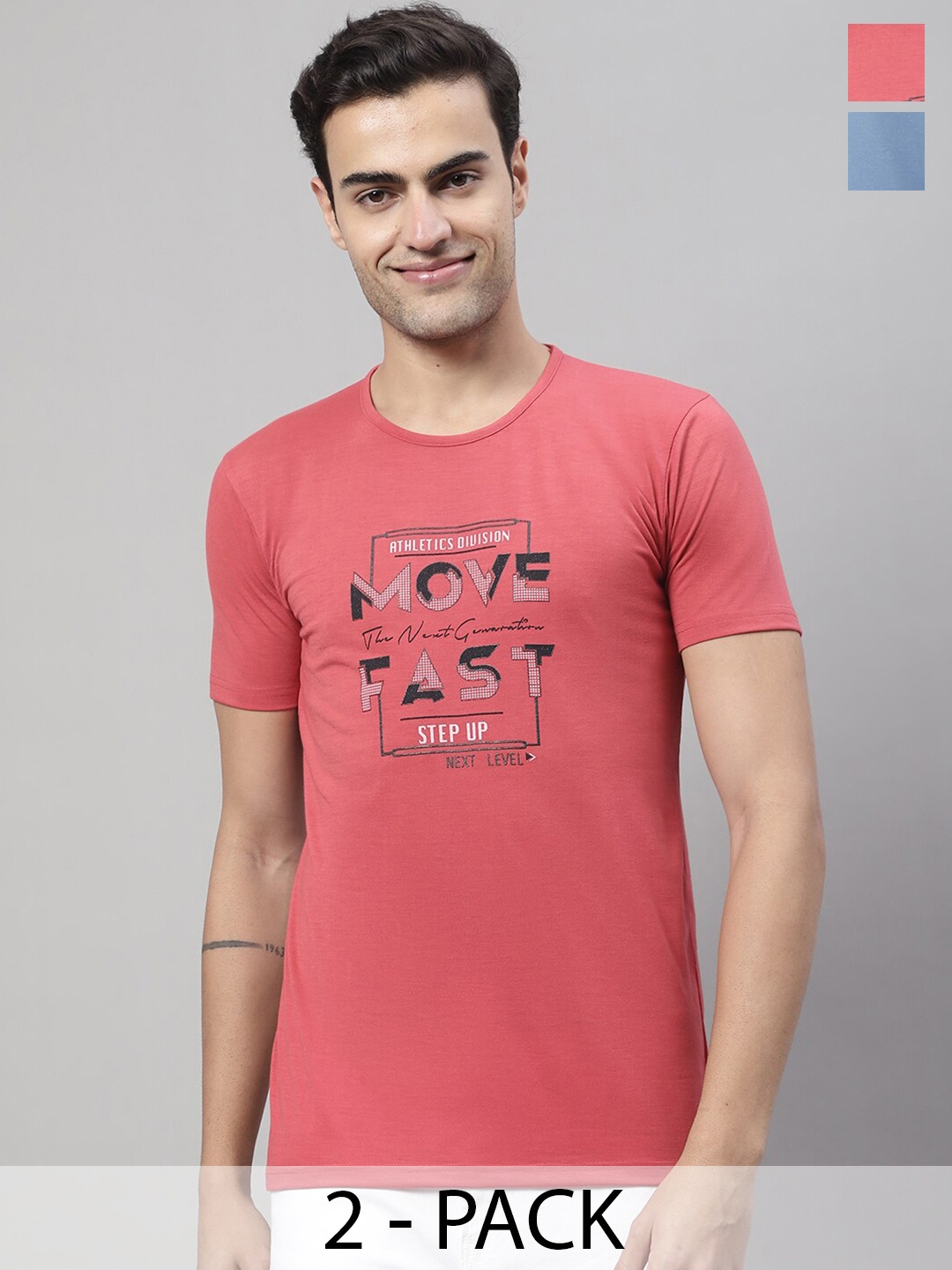 

VIMAL JONNEY Pack Of 2 Typography Printed Round Neck Cotton T-shirt, Pink