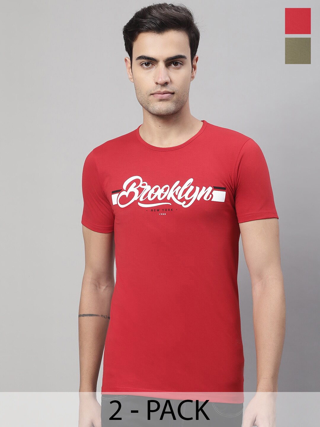 

MACK JONNEY Pack Of 2 Typography Printed Round Neck Cotton T-shirt, Red