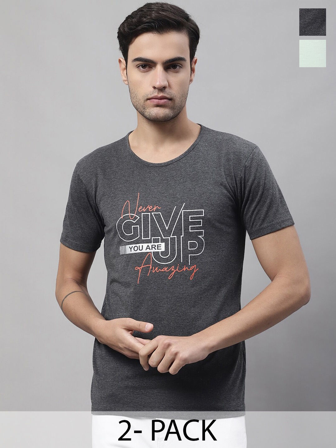 

MACK JONNEY Pack Of 2 Printed Cotton T-shirts, Grey
