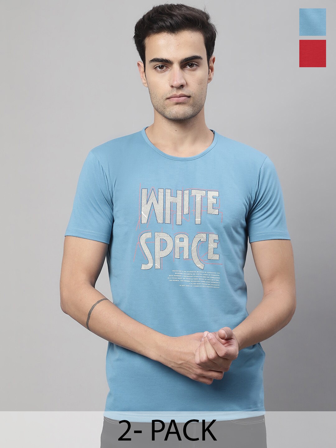 

MACK JONNEY Pack Of 2 Typography Printed Round Neck Cotton T-shirt, Blue