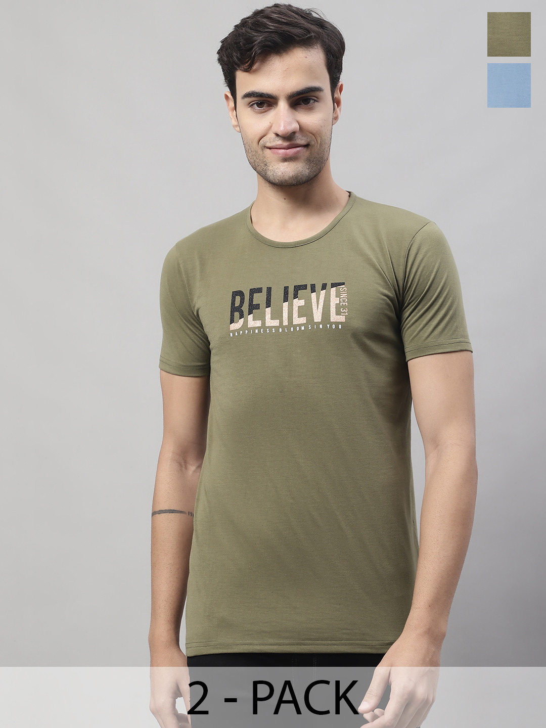 

MACK JONNEY Pack Of 2 Typography Printed Round Neck Cotton T-shirt, Green