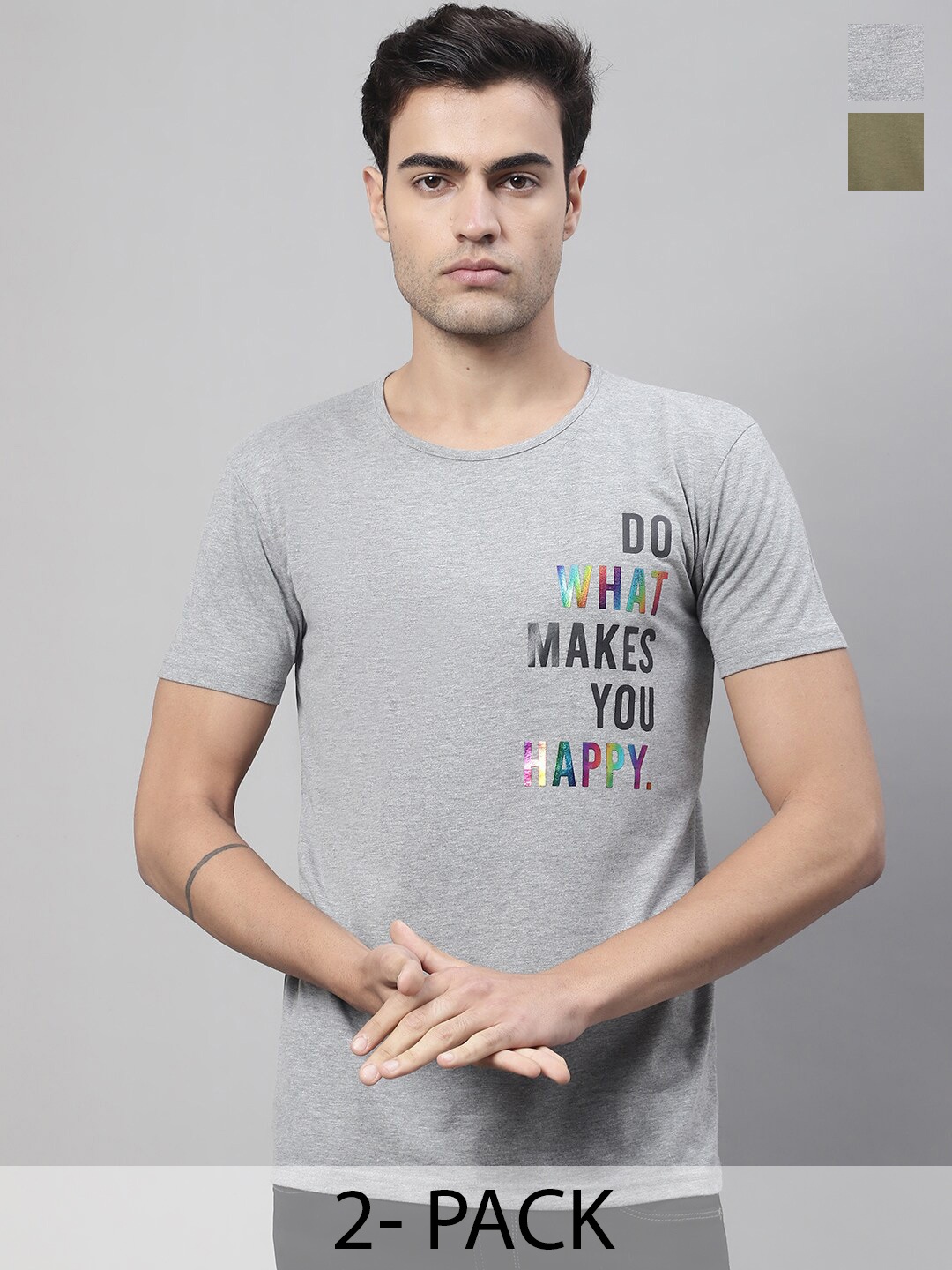 

MACK JONNEY Pack of 2 Typography Printed Cotton T-shirt, Grey