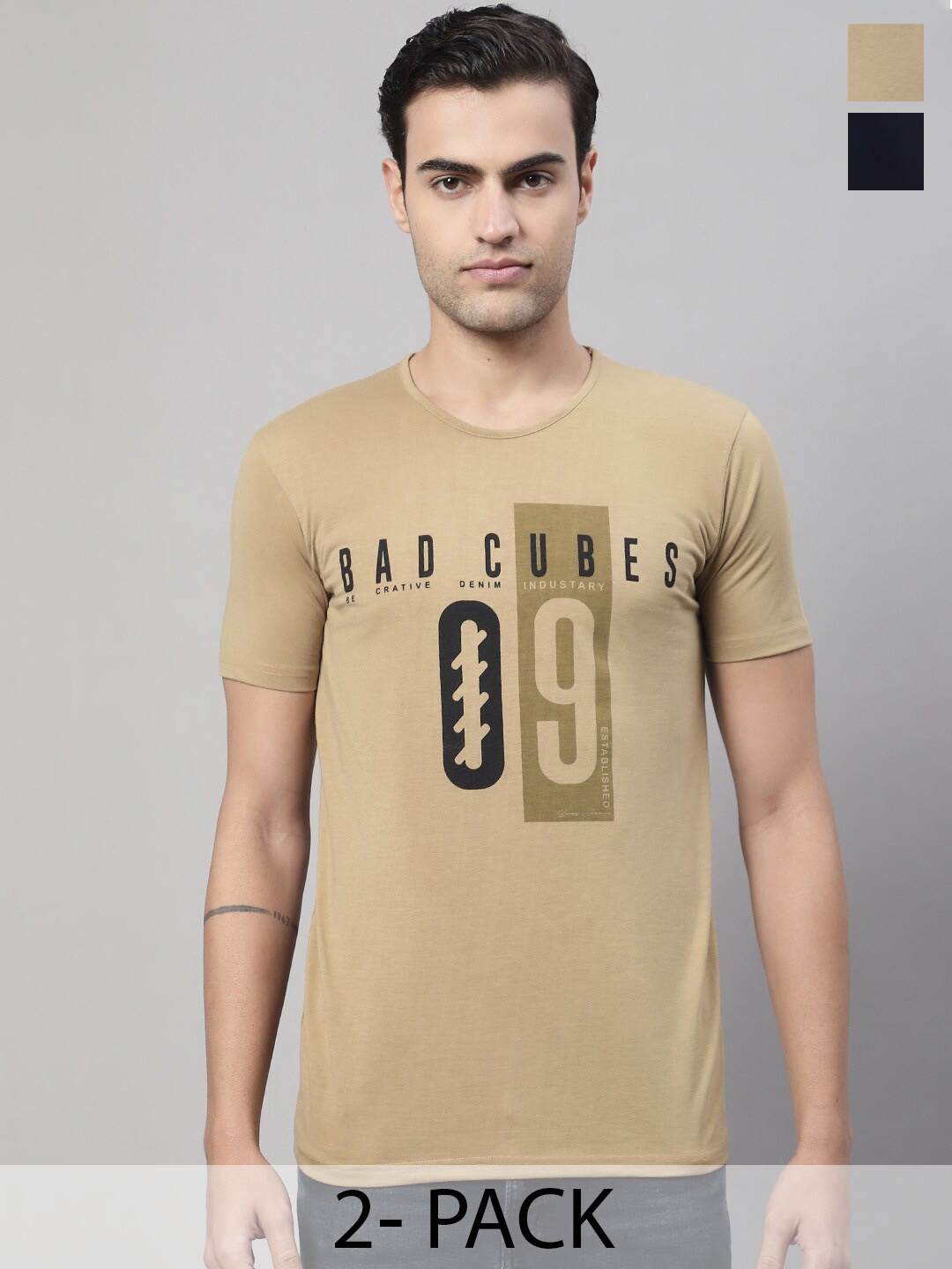 

MACK JONNEY Pack Of 2 Typography Printed Cotton T-Shirt, Brown