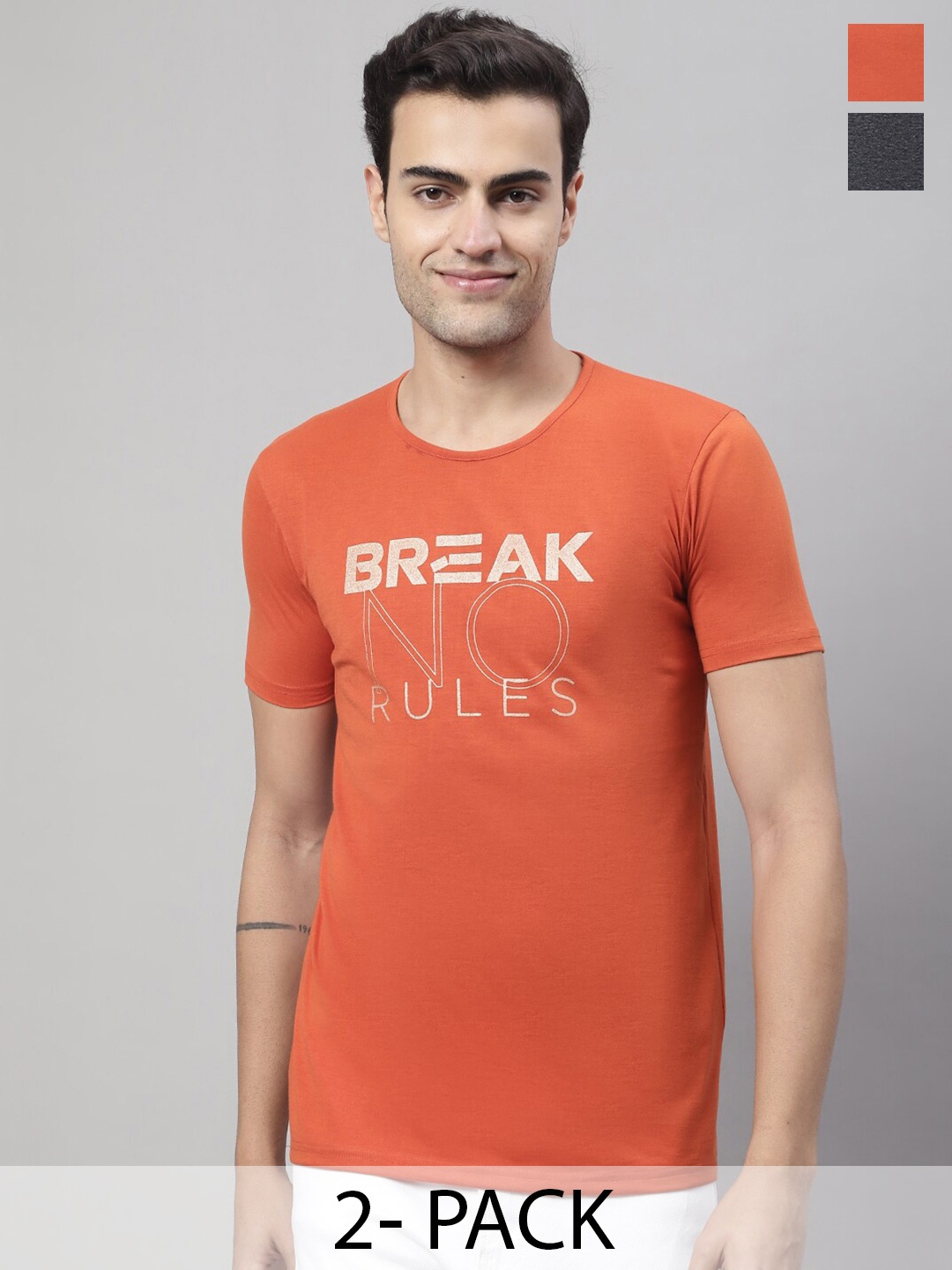 

MACK JONNEY Pack Of 2 Typography Printed Round Neck Cotton T-shirt, Orange