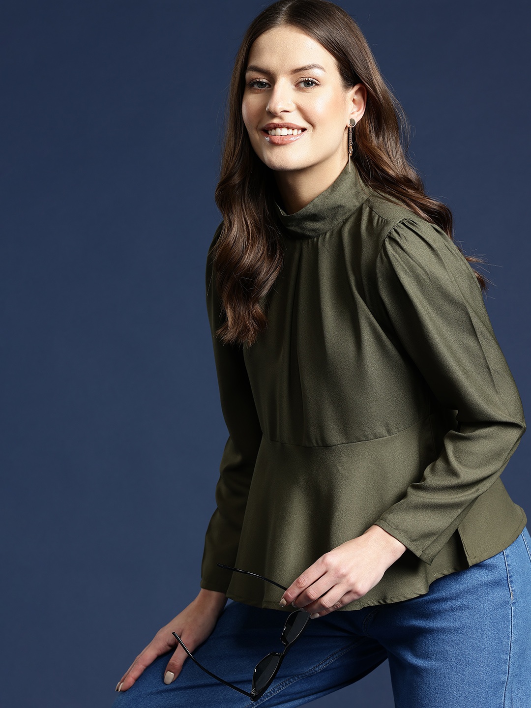 

Mast & Harbour High Neck Peplum Top, Green