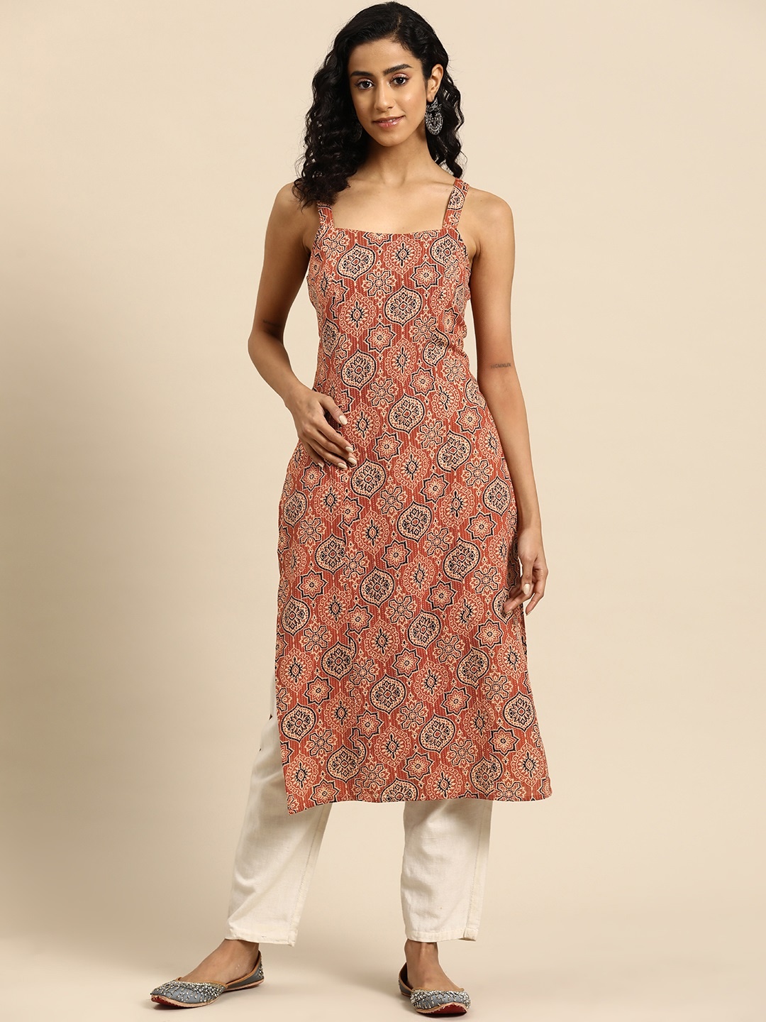 

anayna Women Ethnic Motifs Printed Kantha Work Kurta, Rust