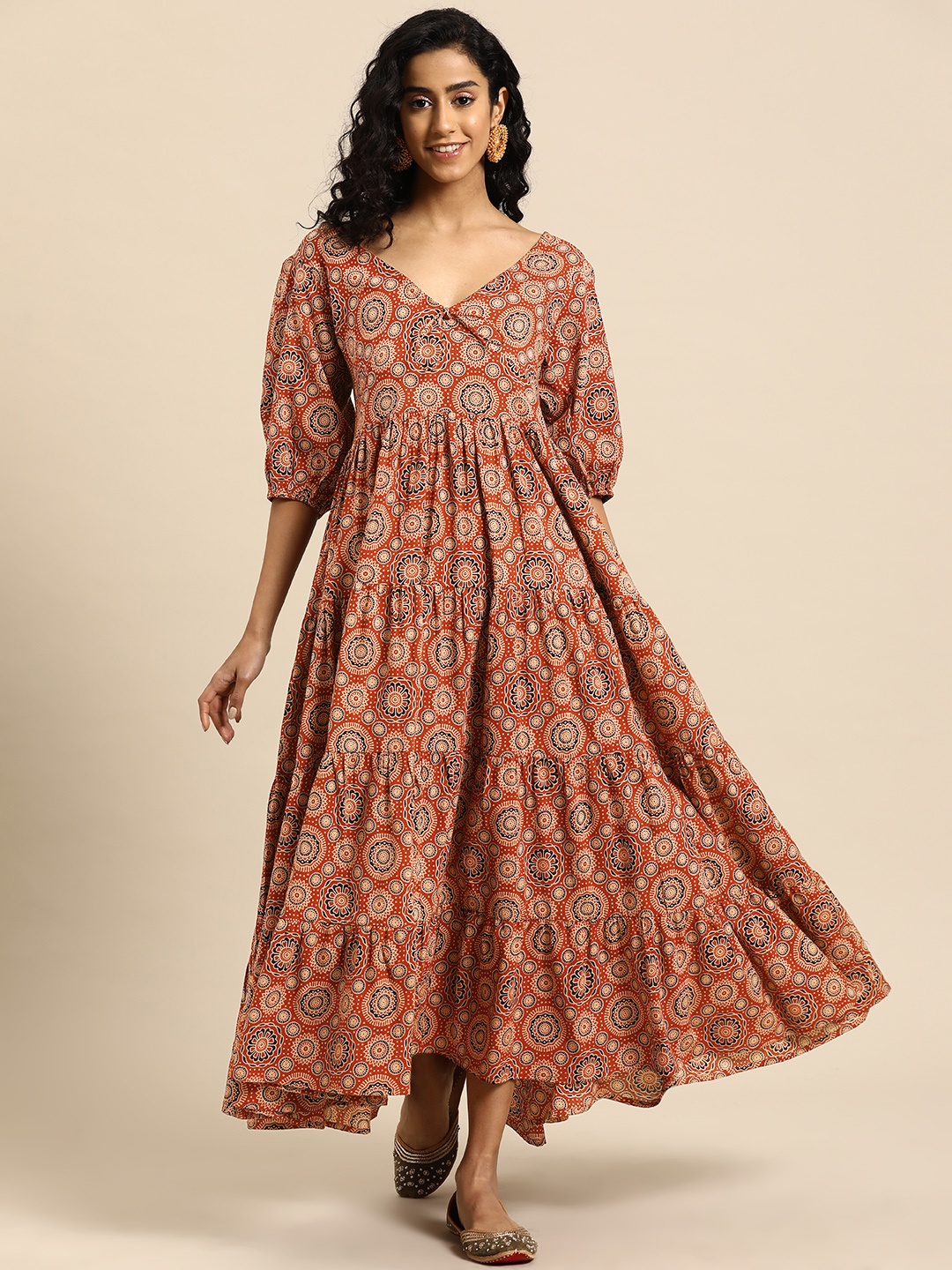 

anayna Women Ethnic Motifs Printed A-Line Maxi Dress, Rust