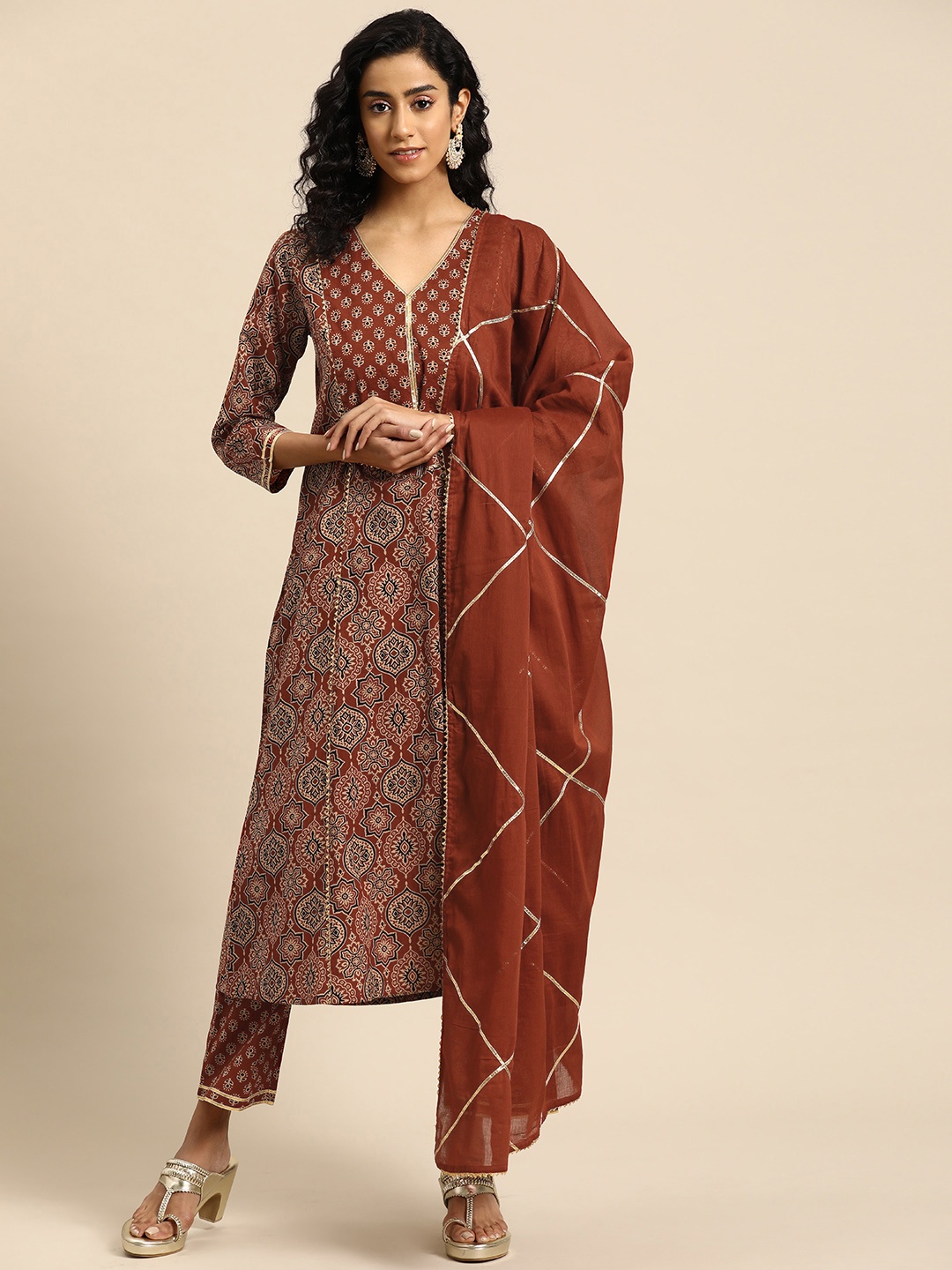 

anayna Women Ethnic Motifs Printed Regular Gotta Patti Pure Cotton Kurta with Trousers & With Dupatta, Rust