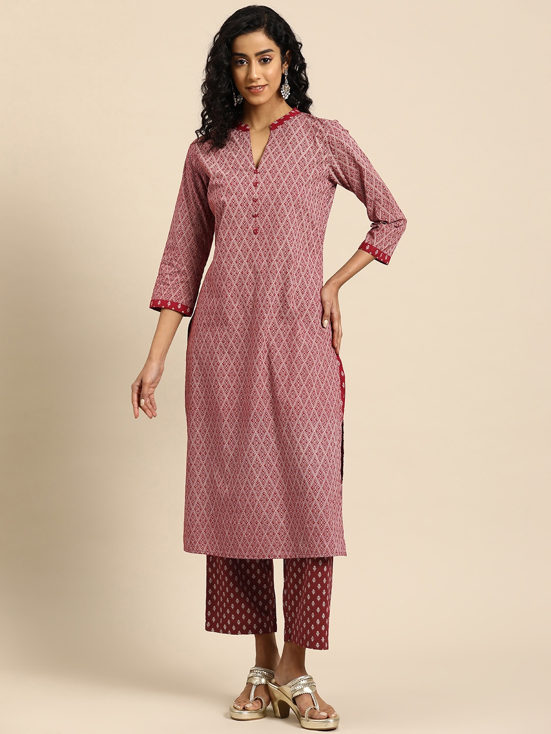 

anayna Women Printed Pure Cotton Kurta with Trousers, Maroon