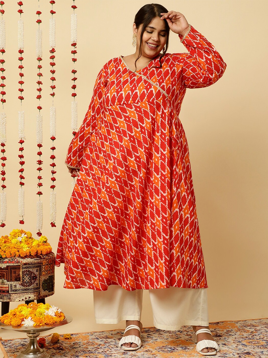 

Jaipur Kurti Plus Size Ethnic Motif Printed Angrakha Anarkali Kurta, Red