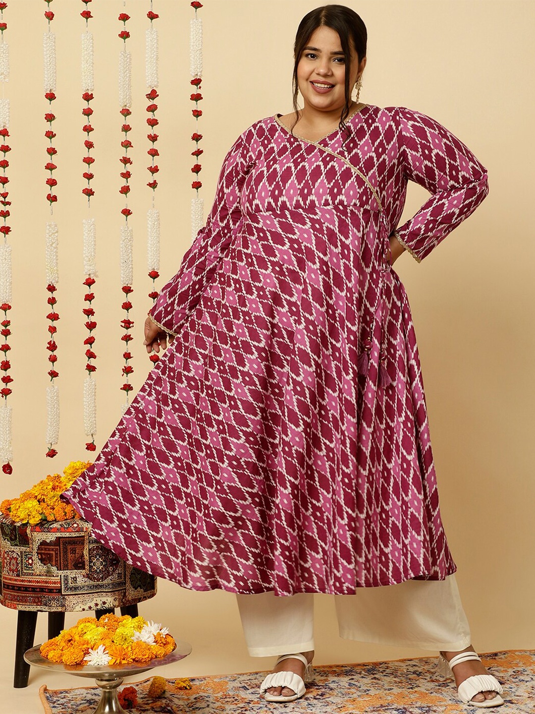 

Jaipur Kurti Plus Size Ethnic Motif Printed Angrakha Anarkali Kurta, Purple