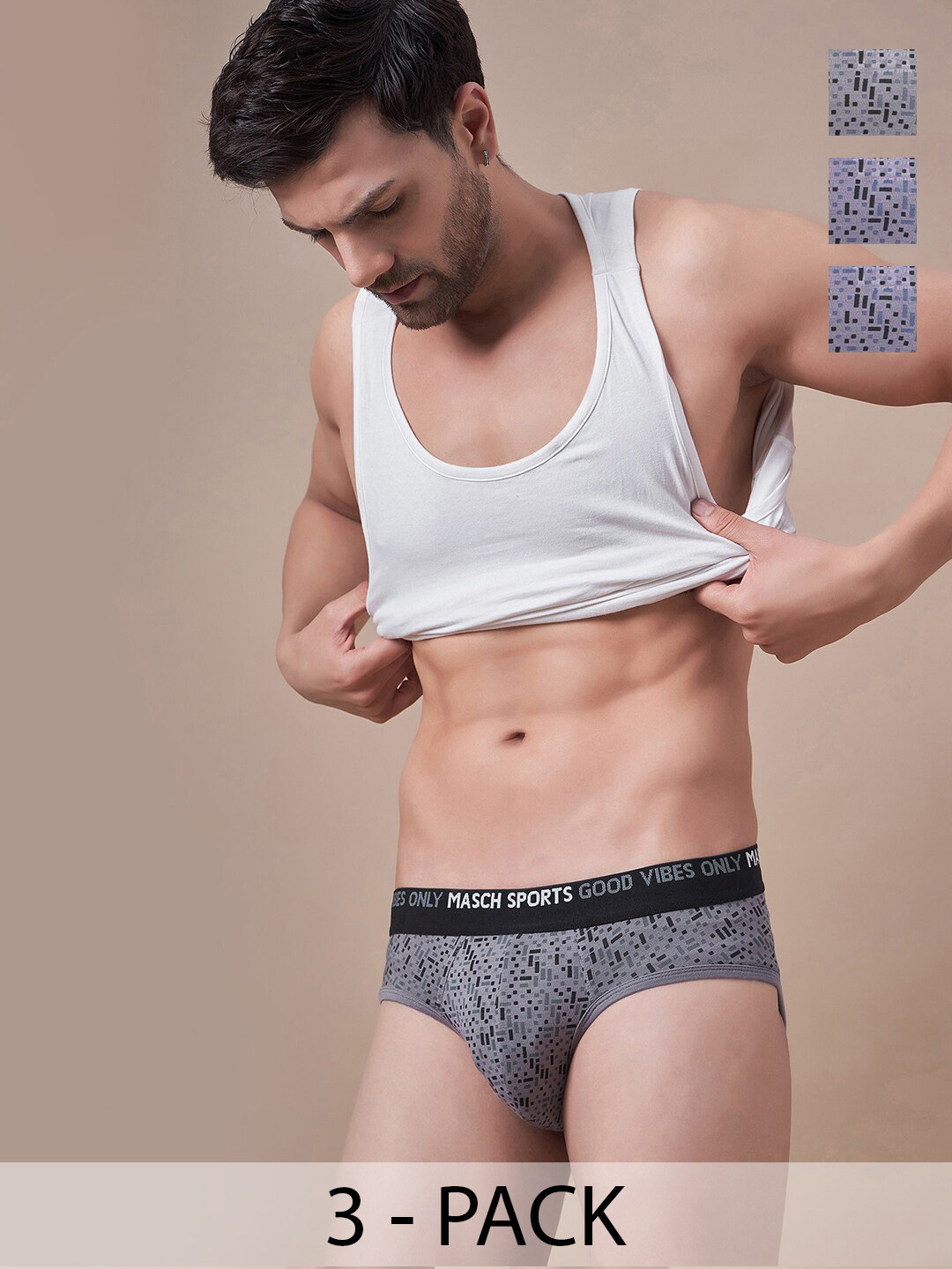

Masch Sports Pack Of 3 Printed Basic Briefs BRF-3-PRT-ET-GRY-GRY-GRY, Grey