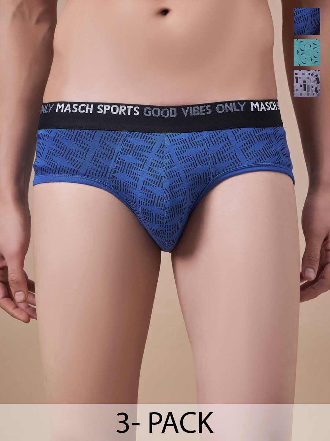 

Masch Sports Pack Of 3 Printed Antimicrobial Basic Briefs BRF-3-PRT-ET-BLU-GRN-GRY, Blue