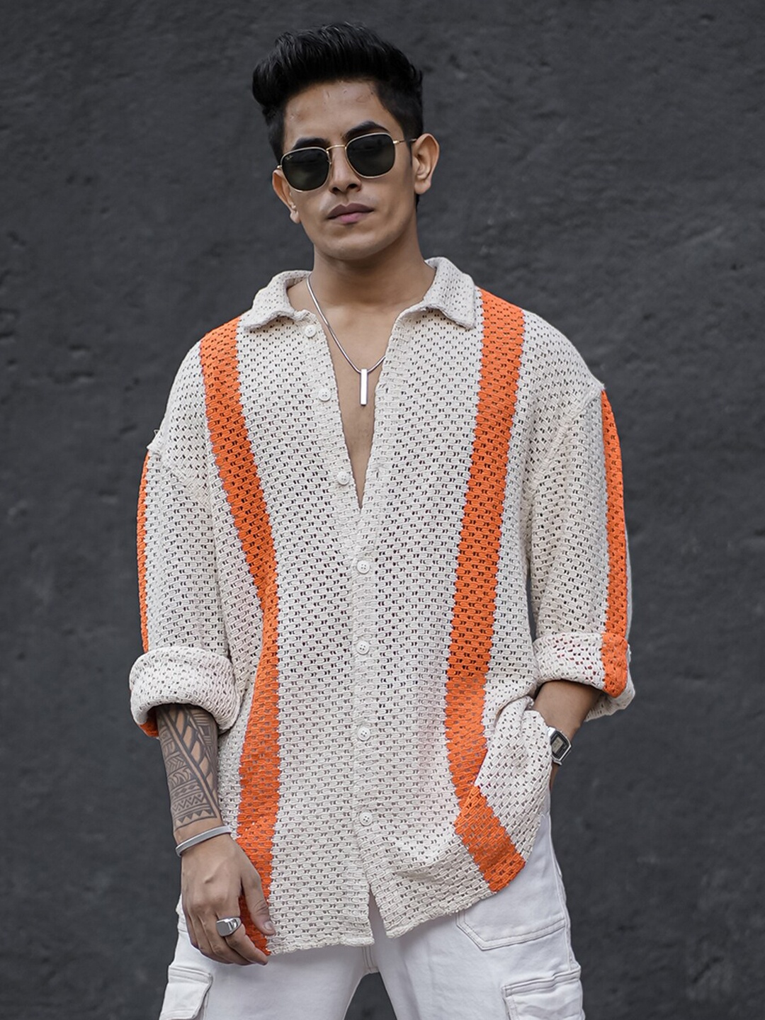

Powerlook White Cotton Crochet Striped Semi Sheer India Slim Oversized Shirt