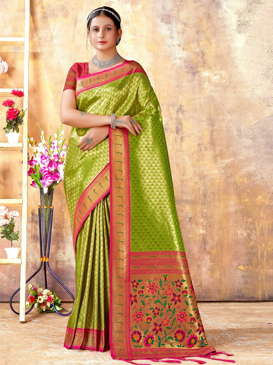 

Mitera Green & Red Ethnic Woven Design Zari Silk Kanjeevaram Saree