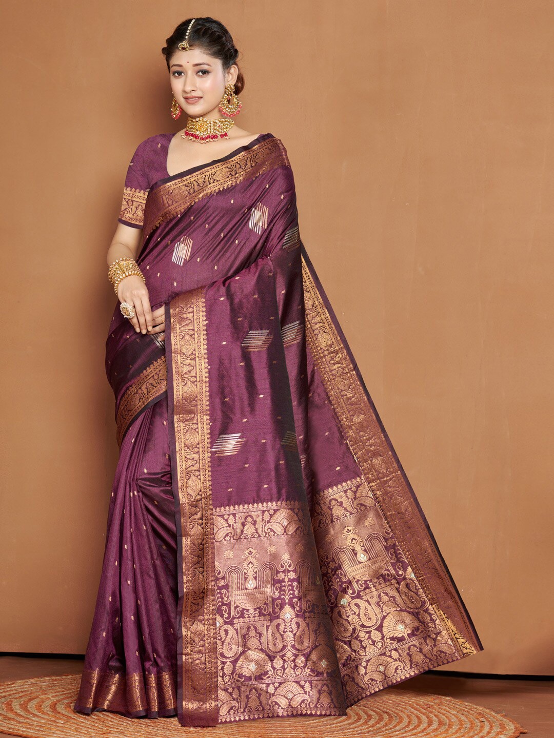 

Mitera Purple & GoldToned Ethnic Woven Design Zari Silk Banarasi Saree
