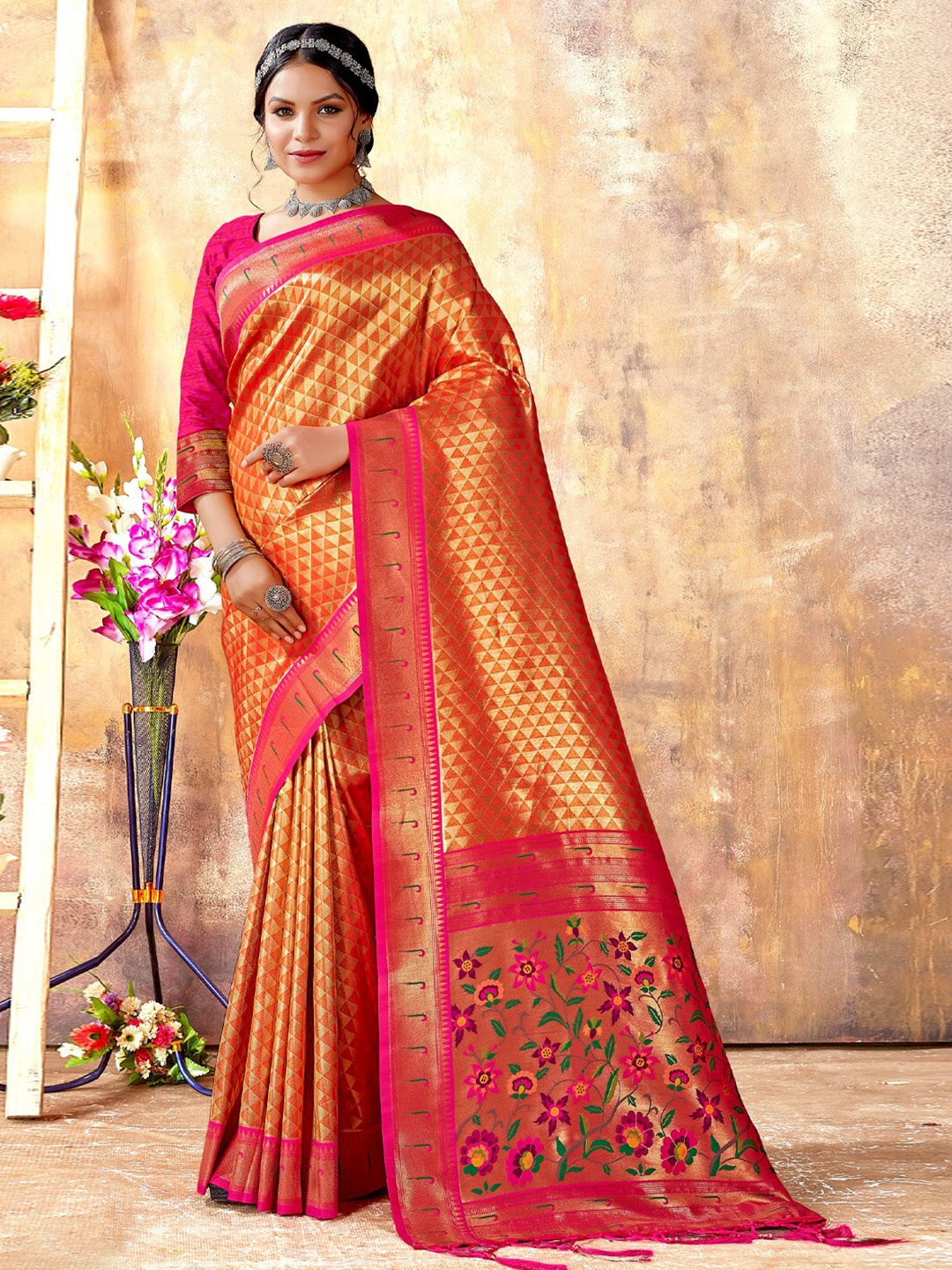 

Mitera Geometric Woven Design Zari Kanjeevaram Saree, Orange