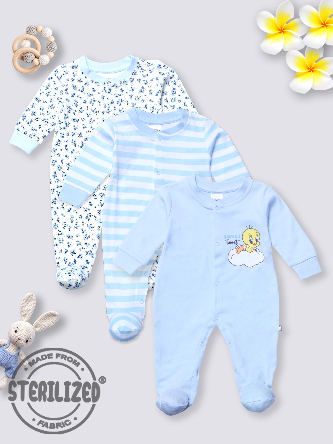 

Moms Love Infant Girls Pack of 3 Assorted Cotton Sleepsuits