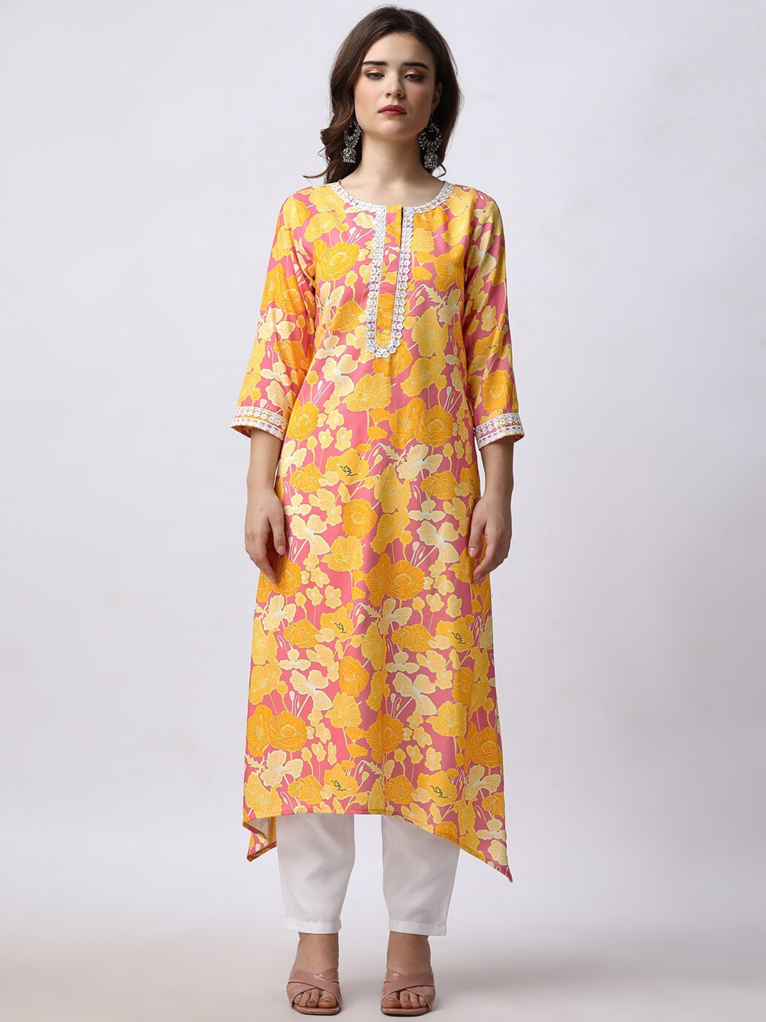 

FAB GALAXY Yellow Floral Printed Regular Kurta with Trousers