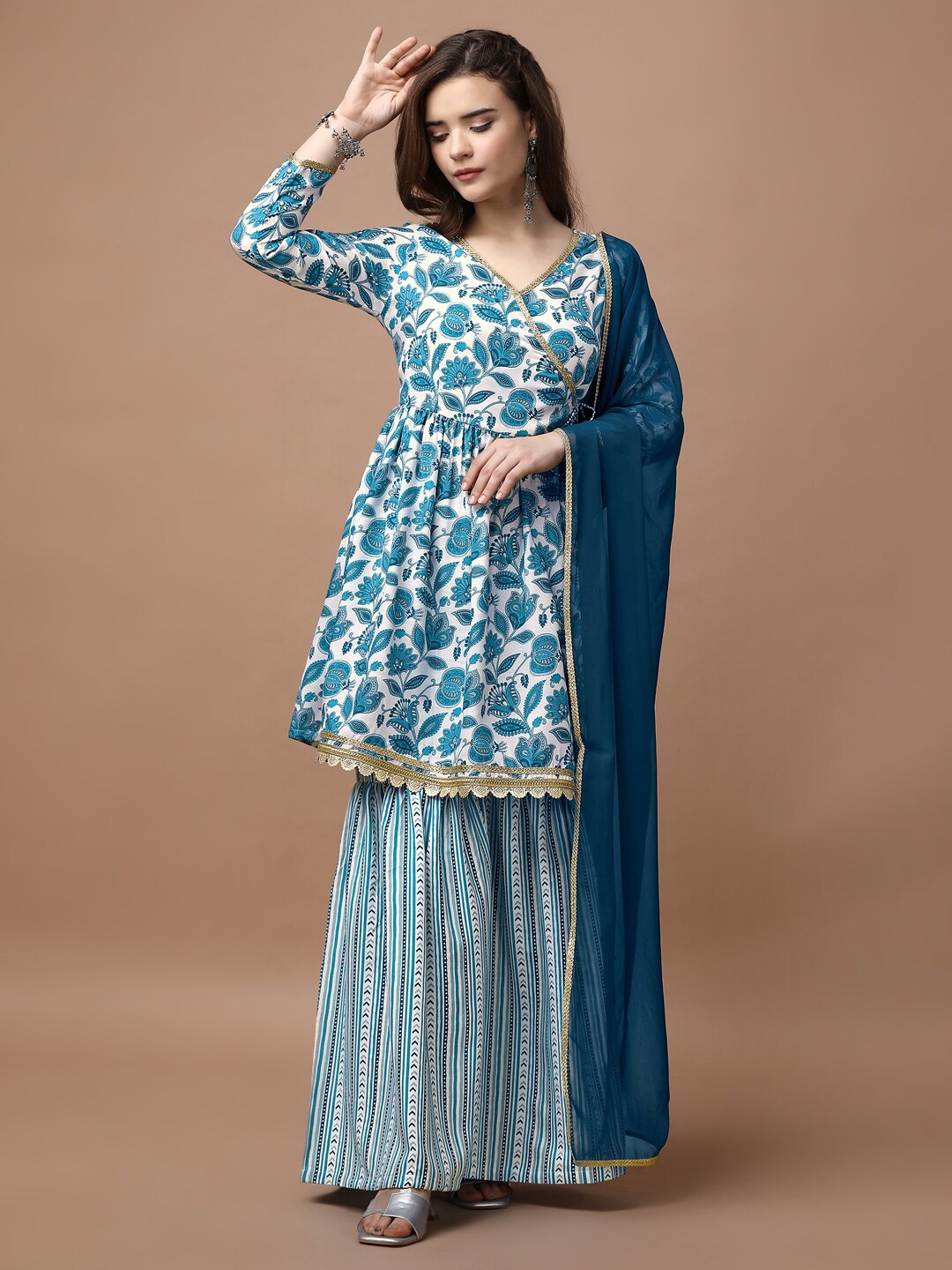 

FAB GALAXY Floral Printed V-Neck Three-Quarter Sleeves Cotton Kurti with Sharara, Blue