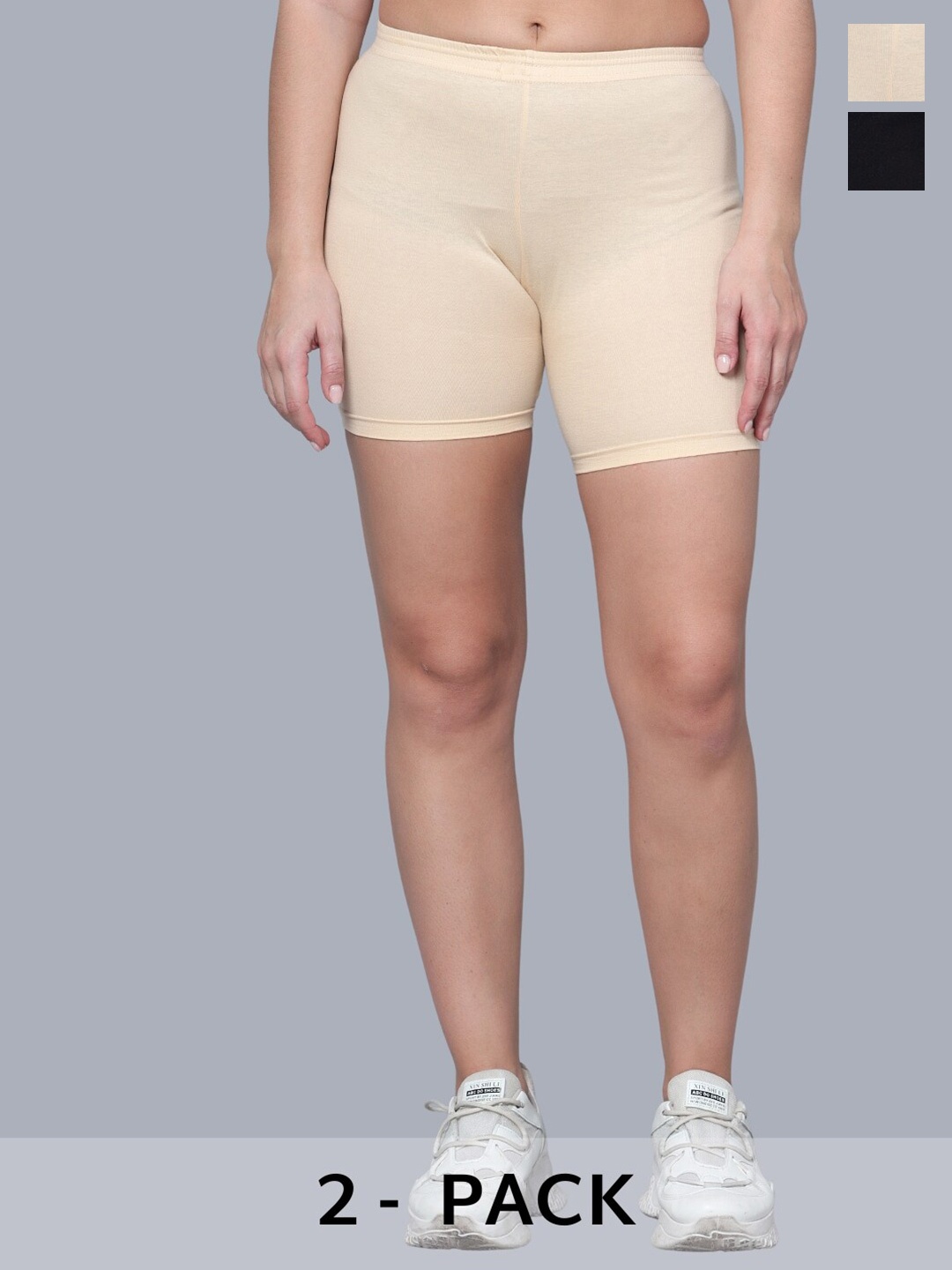 

Aimly Women Pack Of 2 Skinny Fit Mid-Rise Cotton Cycling Sports Shorts, Beige