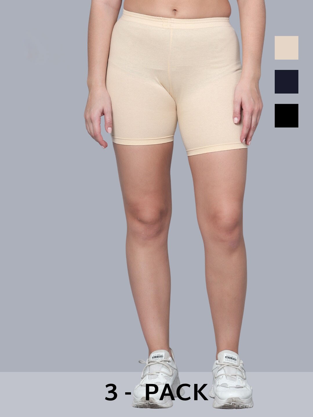 Aimly Women Pack Of 3 Skinny Fit Stretchable Cotton Cycling Sports Shorts, Beige