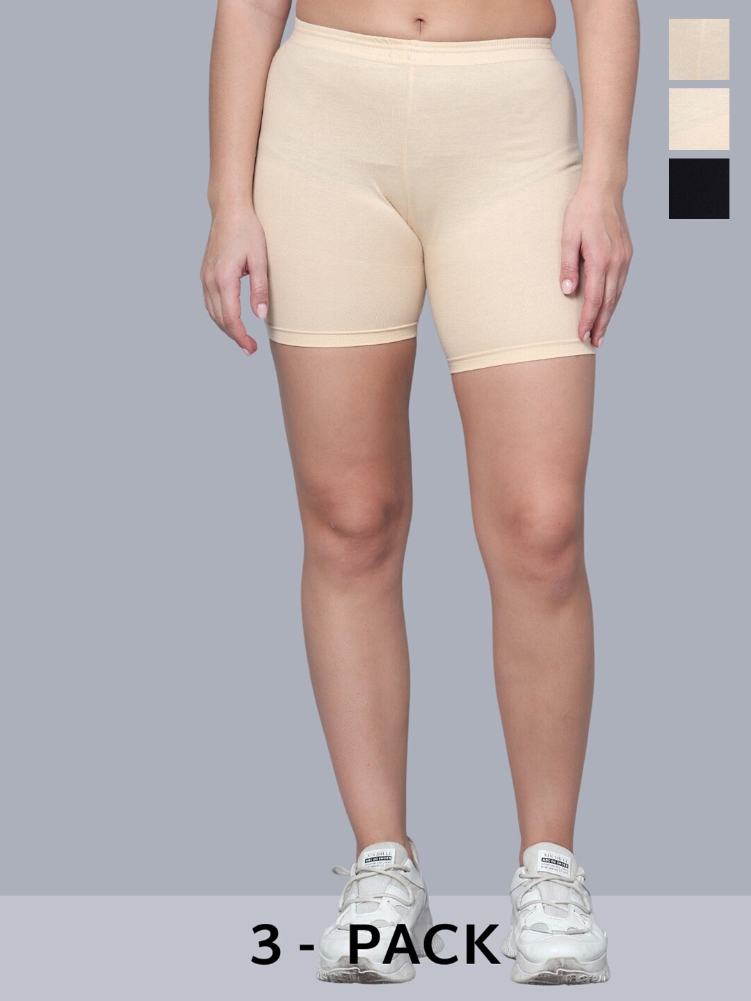 

Aimly Women Pack Of 3 Skinny Fit Stretchable Cotton Cycling Sports Shorts, Beige