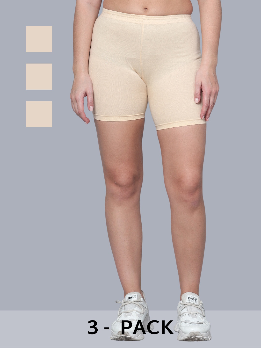 

Aimly Women Pack Of 3 Skinny Fit Stretchable Cotton Cycling Sports Shorts, Beige