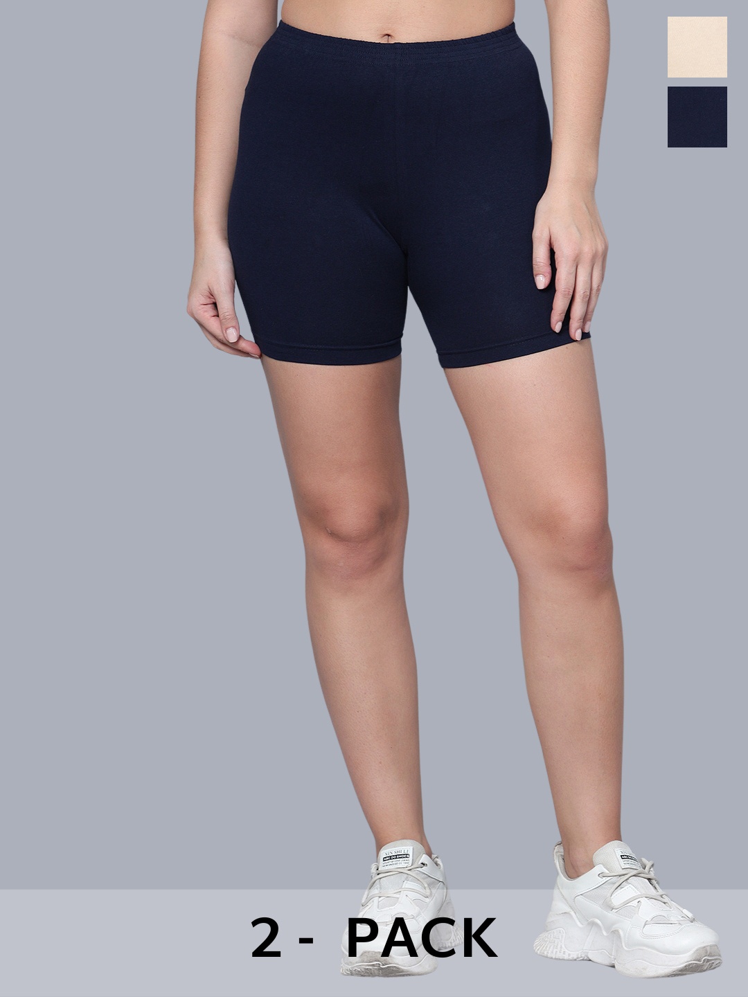 Aimly Women Pack Of 2 Skinny Fit Stretchable Cotton Cycling Sports Shorts, Beige