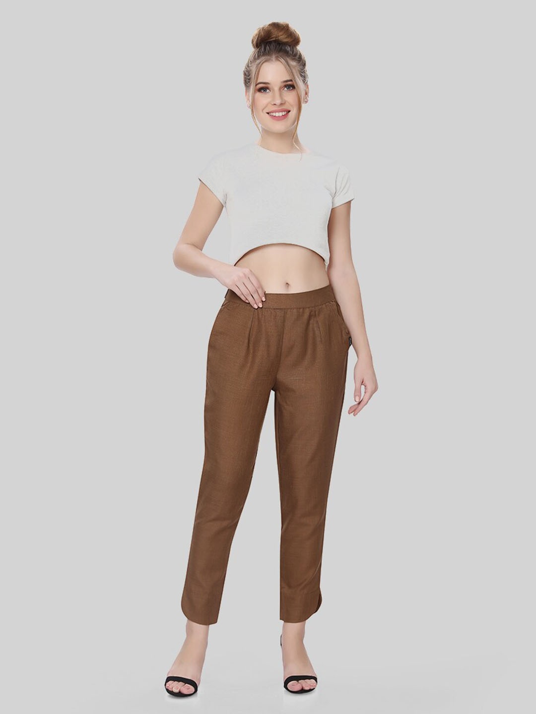 

TITTLI Women Mid-Rise Comfort Straight Fit Pleated Silk Cigarette Trousers, Copper
