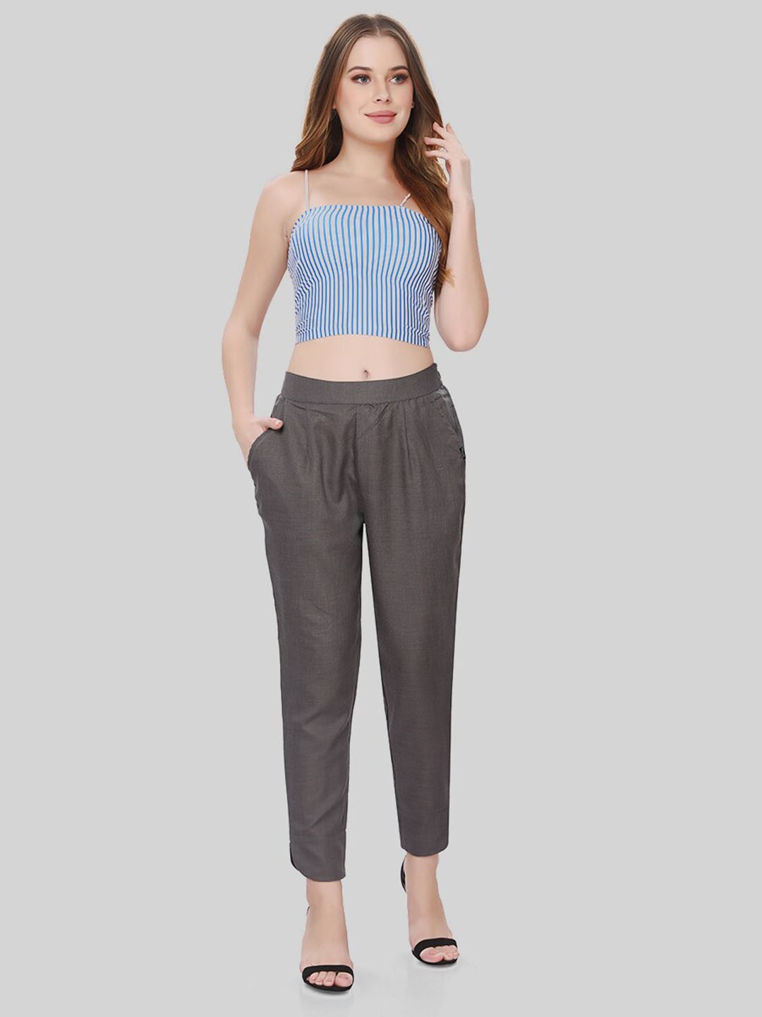

TITTLI Women Comfort Straight Fit Silk Cigarette Trousers, Grey