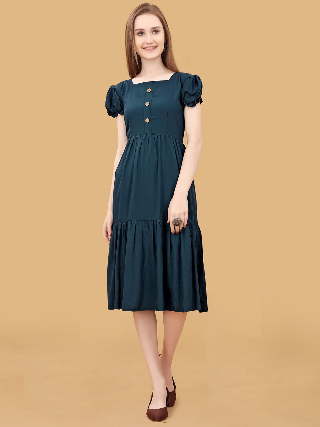 

Femvy Puff Sleeve Fit & Flare Midi Dress, Blue