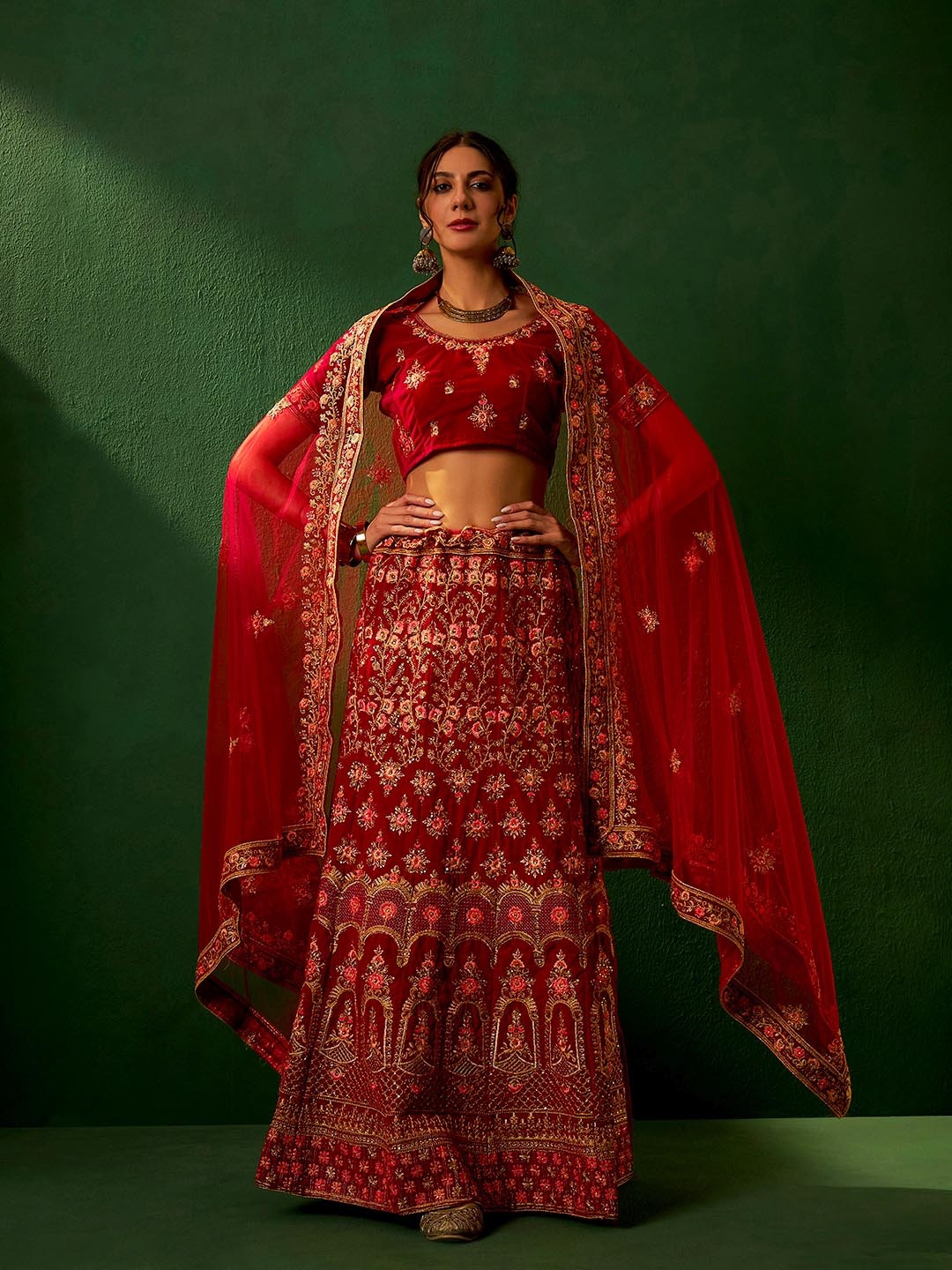 

Sangria Zari Embroiderd Semi-Stitched Lehenga Choli, Red