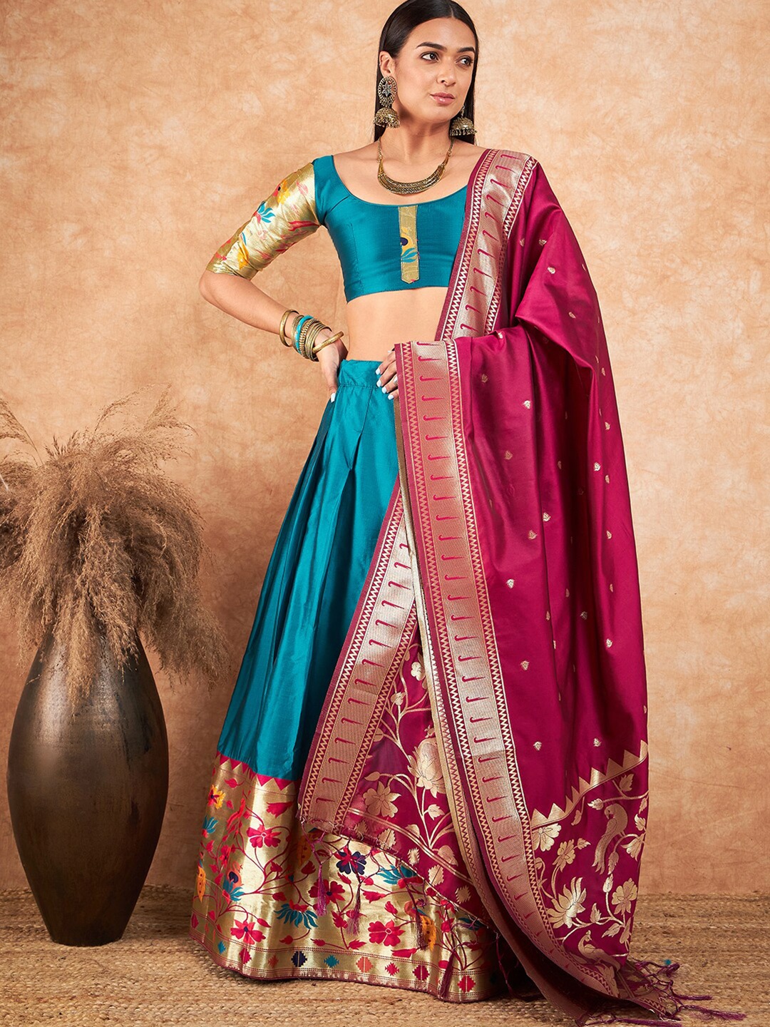 

Sangria Woven Design Silk Semi-Stitched Lehenga Choli, Green