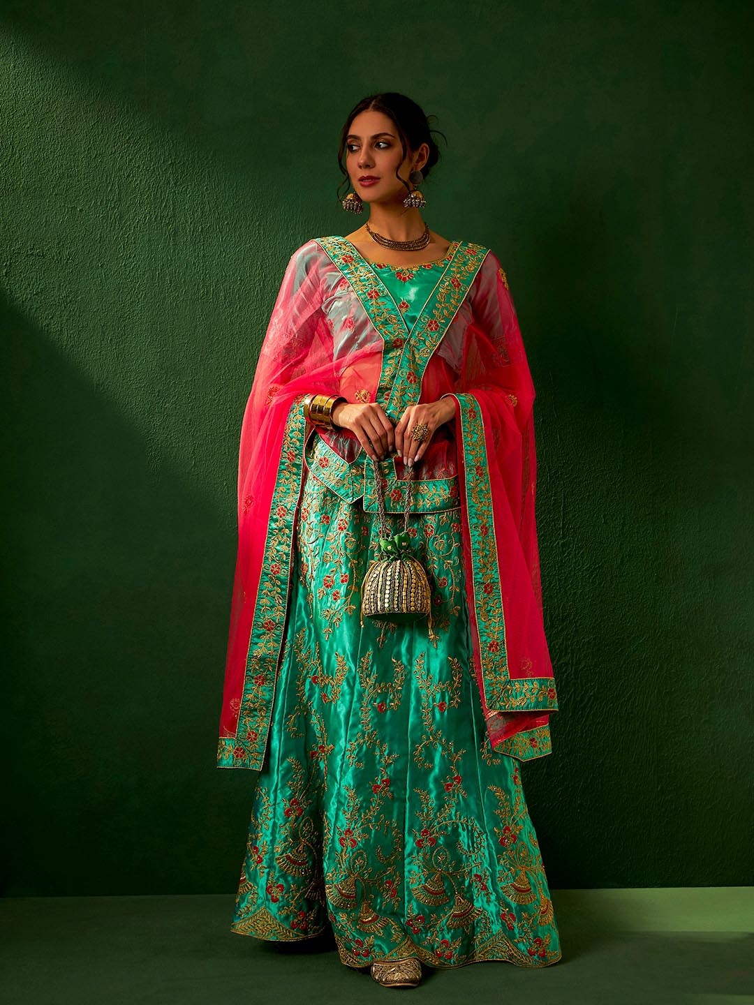 

Sangria Embroidered Unstitched Lehenga Choli, Green
