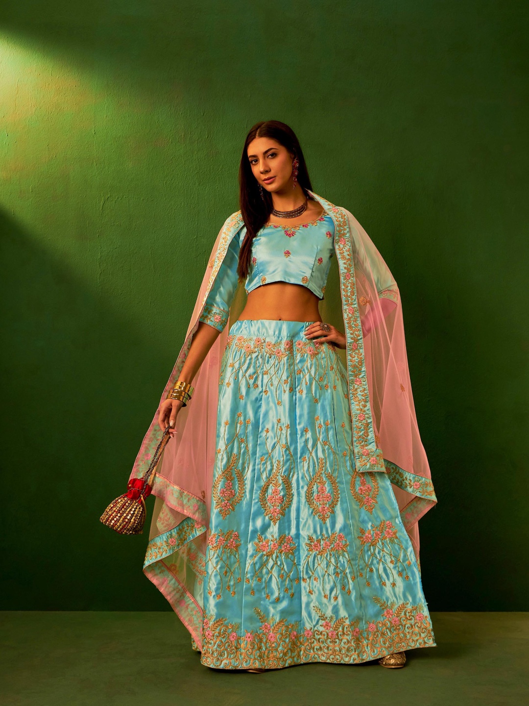 

Sangria Blue Embroidered Silk Semi-Stitched Lehenga Choli