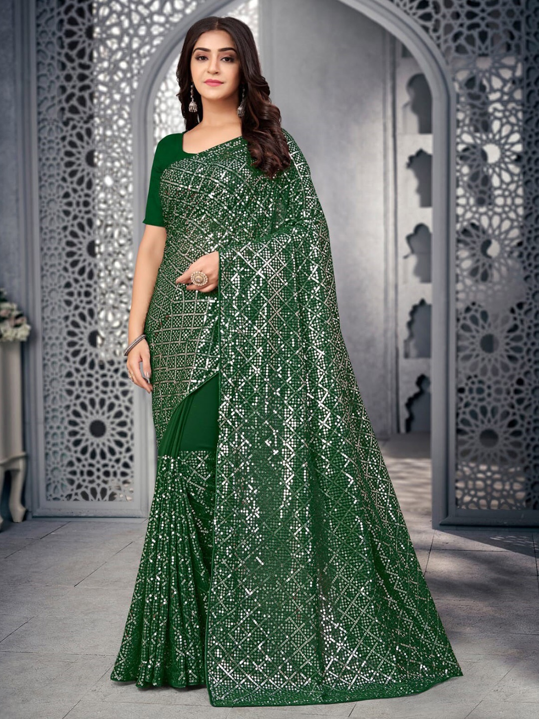

Mitera Green Embellished Sequinned Georgette Saree