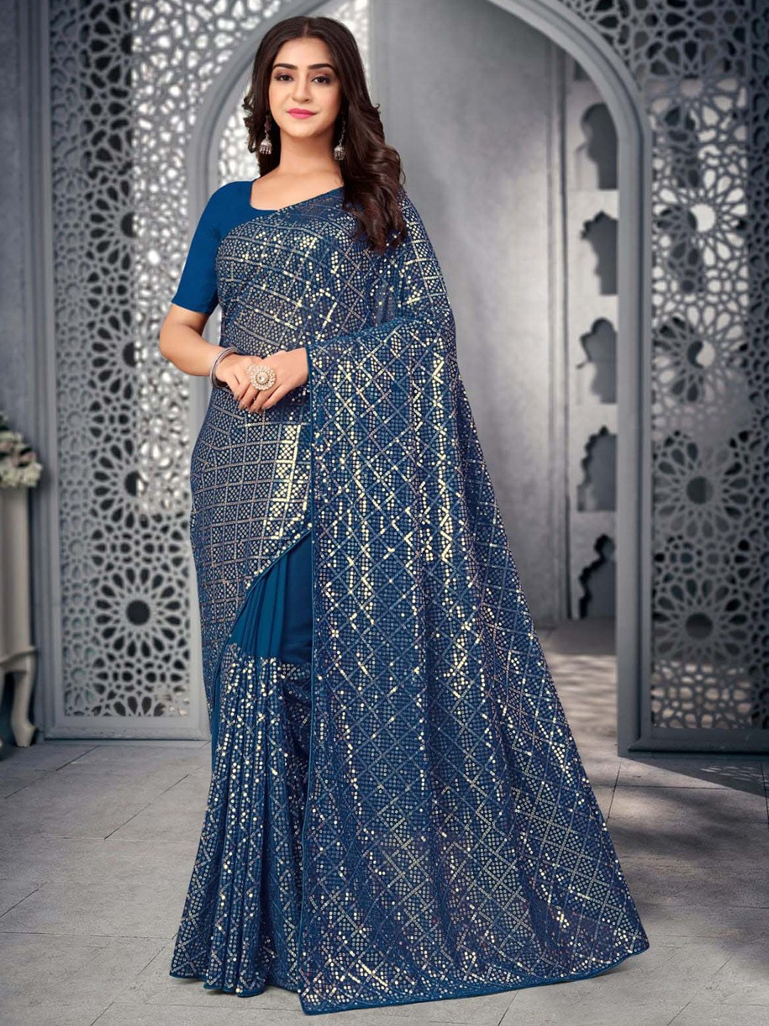 

Mitera Blue Embellished Sequinned Georgette Saree