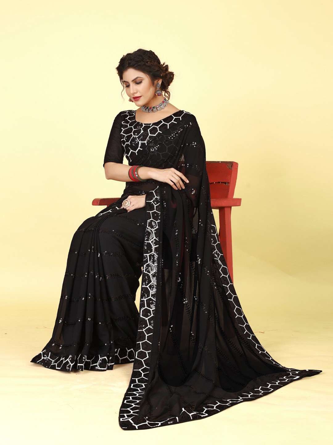 

Mitera Black Embellished Sequinned Poly Georgette Saree