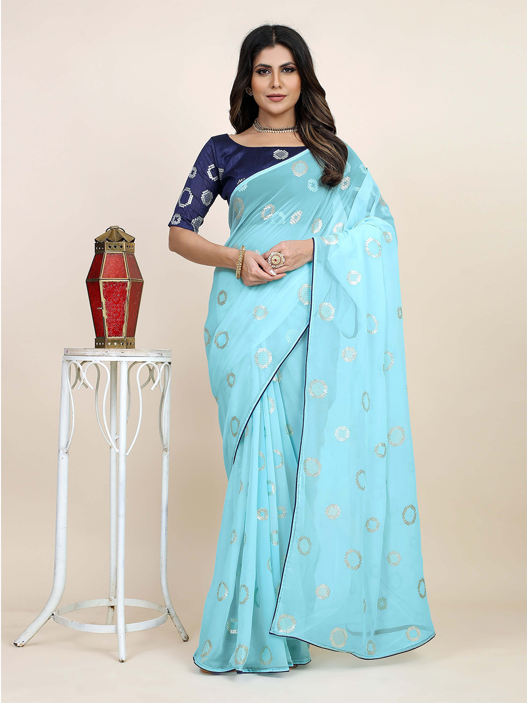 

Mitera Geometric Embellished Sequinned Saree, Blue