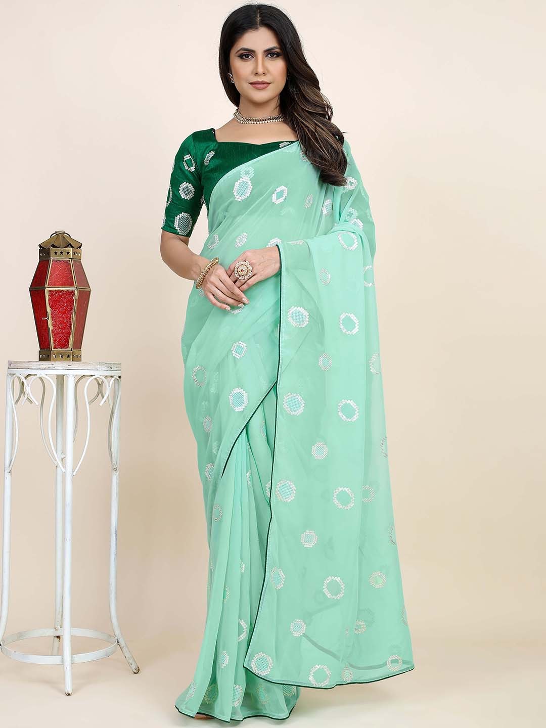 

Mitera Green & White Sequinned Embroidered Saree