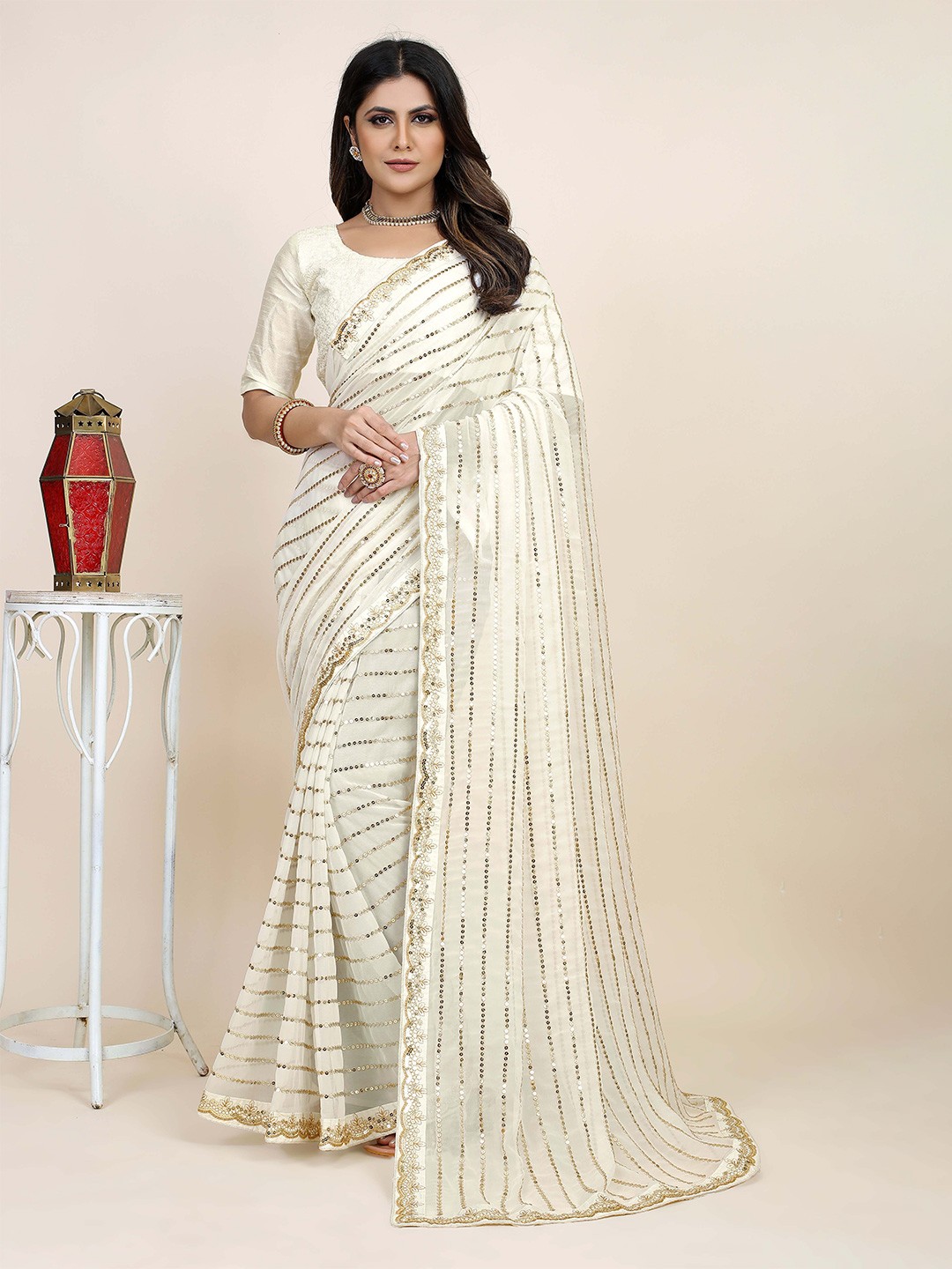 

Mitera Striped Embellished Sequinned Saree, White
