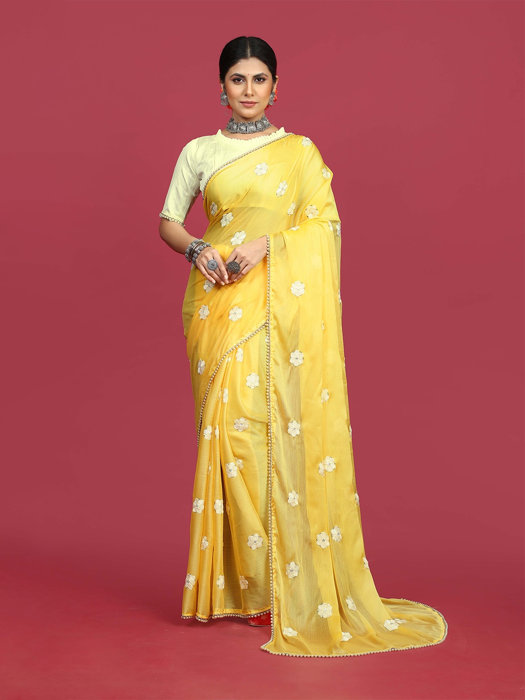 

Mitera Yellow & GoldToned Floral Sequinned Chiffon Saree