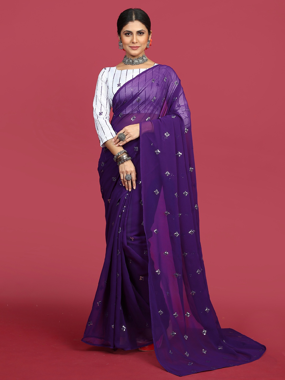 

Mitera Floral Embellished Sequinned Saree, Purple