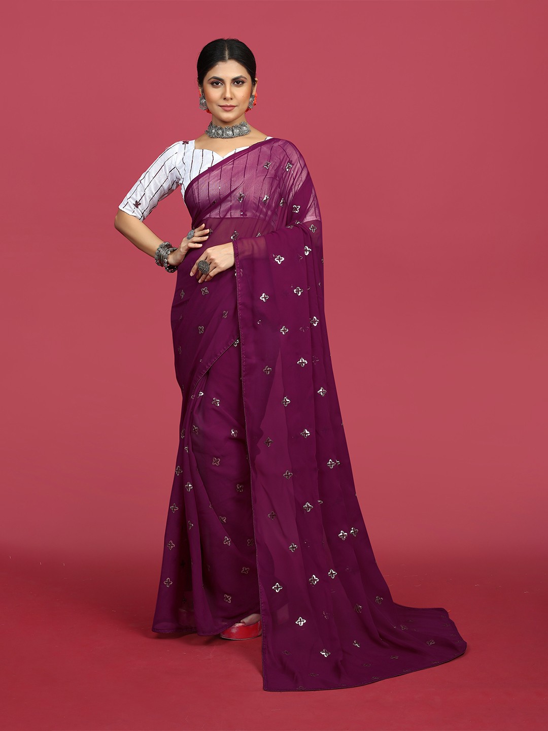 

Mitera Floral Embellished Sequinned Saree, Purple